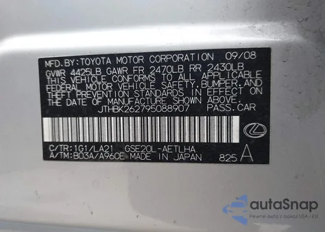 2009 Lexus Is 250 z USA, uszkodzony, nr VIN JTHBK262795088907